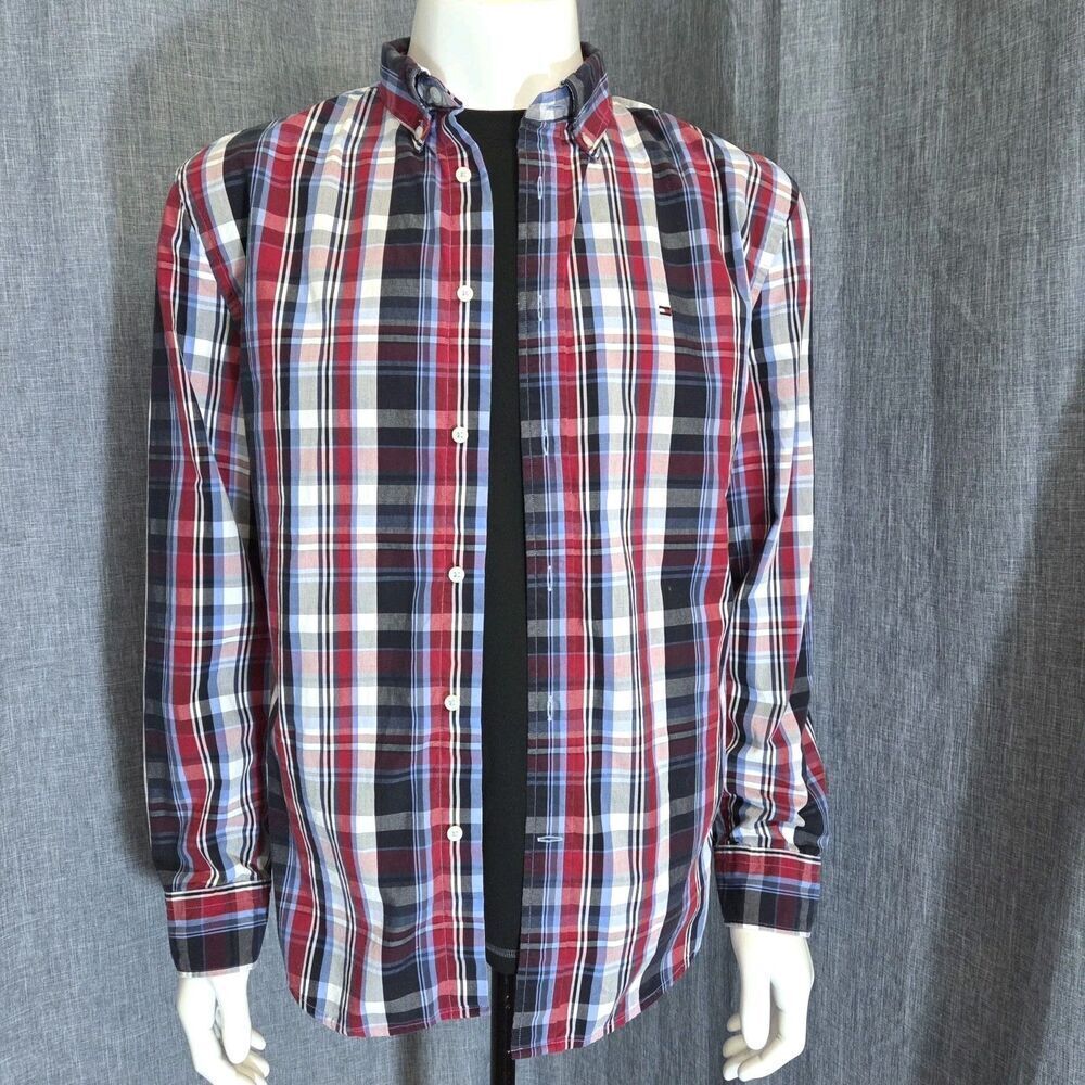 Tommy Hilfiger Flex Poplin Heritage Shirt Men's XL Button Down Red/Blue Plaid